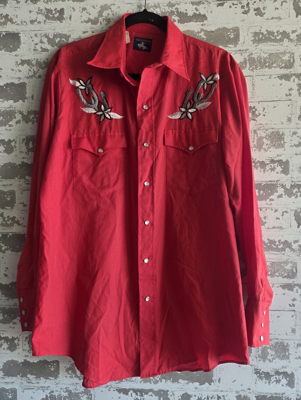 ​Vintage Chute #1 Embroidered Pearl Snap Western Shirt Red Large Rodeo Cowpunk